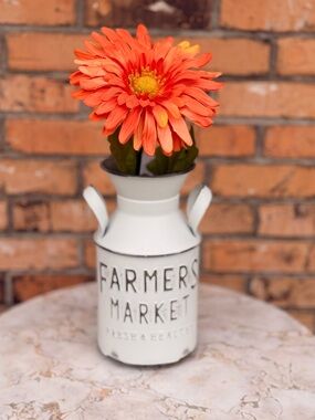 Farmersw Market White Decorative Milk Can Vase with Orange Flower 12”